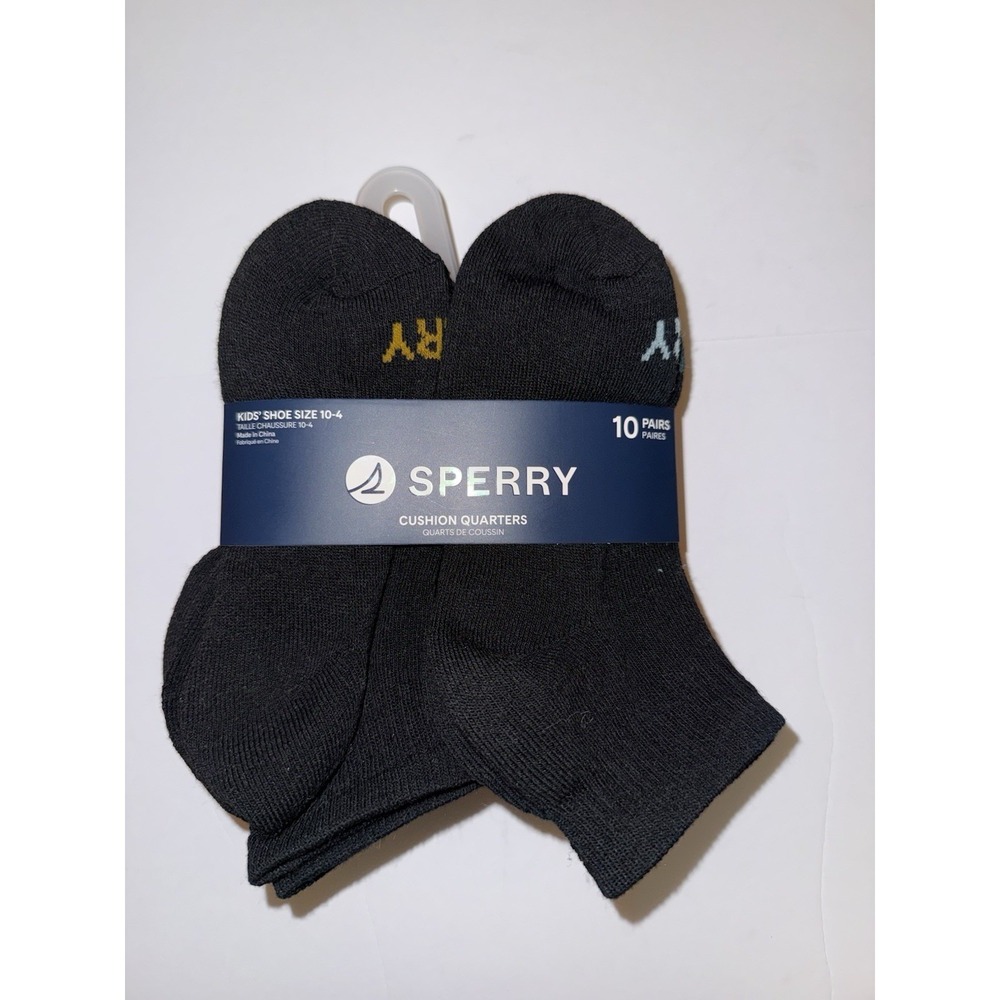 Sperry Boys Socks 10-4 Cushion Quarter Black 10 Pairs Comfort Crew Kids Gift NEW
